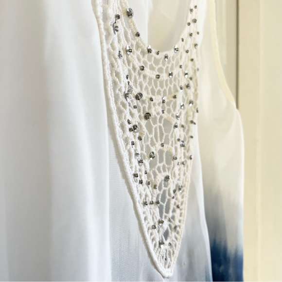 Sheer sleeveless white blouse crochet sequin décolletage ombré tie dye blue - Picture 3 of 11